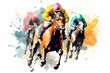 Abstract racing horse with jockey from splash of watercolors on white background. Illustration of paints. Generative AI 