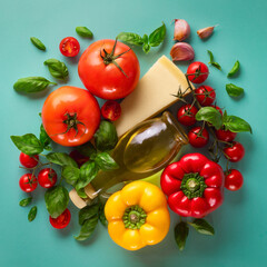 Canvas Print - Colorful still life of fresh ingredients for cooking healthy food. Cherry tomatoes, parmesan cheese, olive oil, garlic and basil leaves top view