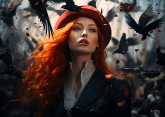 Wall Mural - On halloween night, a mysterious woman with fiery red hair and a hat was surrounded by an enchanted flock of birds in an outdoor setting, evoking a feeling of wild enchantment