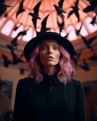 Wall Mural - A stylish woman with vibrant pink hair and an eye-catching hat stands proudly indoors, wearing a striking black outfit as birds soar around her