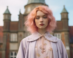 Wall Mural - On halloween night, a woman with bright pink hair stands confidently outside a building, wearing a daring and fashionable dress that stands out against the evening sky