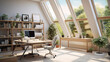 A home office featuring a Scandinavian desk, an ergonomic chair, and plenty of natural light from large windows