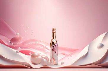 New Year party elegant background. Rose champagne bottle and glass with abstract shapes. Ai generated image