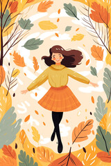 Wall Mural - Leaf autum happy women holiday cute character cartoon art active meditating nature design fall