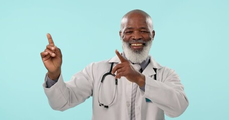 Canvas Print - Doctor, smile and mature black man point at medical sales, hospital announcement or advertising promotion. Studio ads direction, nurse notification or portrait surgeon presentation on blue background