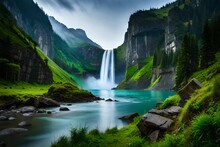 A Breathtaking Waterfall Cascading Down Rugged Cliffs, Surrounded By Lush, Emerald-green Vegetation In A Remote Wilderness