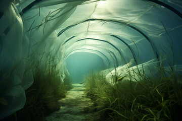 Wall Mural - Underwater blue algae farm ocean water spirulina aquatic nature fish sea