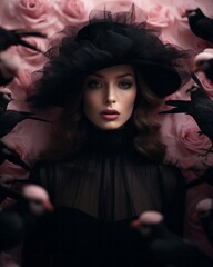 Wall Mural - On halloween night, a mysterious woman wearing a black hat stands inside a room surrounded by an array of birds, flowers, dolls, and other eerie decorations