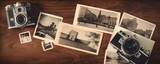 Fototapeta Natura - Background texture of antique camera and old black and white photos on wooden vintage table, Generative AI