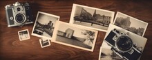 Background Texture Of Antique Camera And Old Black And White Photos On Wooden Vintage Table, Generative AI