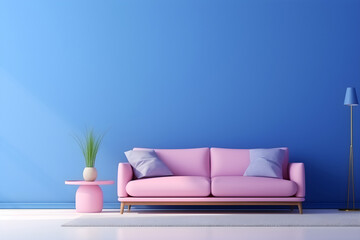 Wall Mural - Living room inside a house with a pink sofa and bright blue walls.