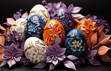 Wall Mural - 3d rendered easter eggs set on white background with flowers and leaves