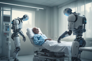 medical robots with artificial intelligence treating people in a hospital, technology concept, generative ai	