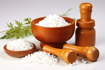 Canvas Print - wooden mortar and pestle set with homeopathic medicines