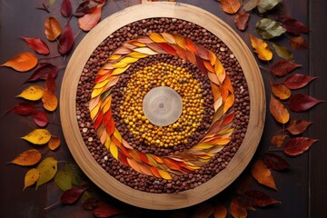 Poster - autumn leaves glued in a circular pattern on a natural wood slice