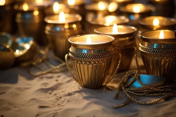 Sticker - closeup of lit candles in brass holders on sand