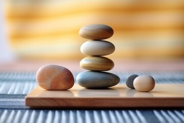 Sticker - a wooden stack of round smooth stones on a yoga mat