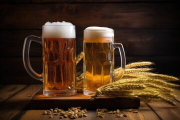 Canvas Print - steins of wheat and lager beer side by side on a wooden table