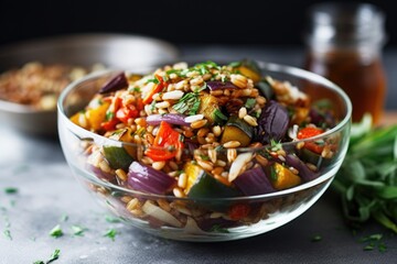 Sticker - farro salad with roasted vegetables in a glass bowl