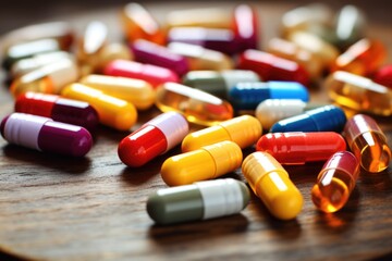 Canvas Print - an array of colorful medicine capsules scattered on a table