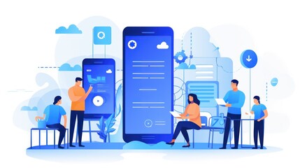 Scene depicting a team of developers working on mobile app development, coding for iOS or Android platforms