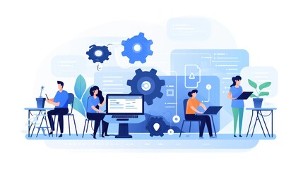 Scene depicting a team of developers working on mobile app development, coding for iOS or Android platforms