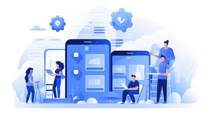 Scene depicting a team of developers working on mobile app development, coding for iOS or Android platforms