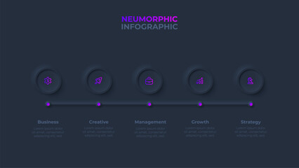 Aufkleber - Thin horizontal line with five circles. Concept of 5 steps of business processes. Dark neumorphism infographic design template