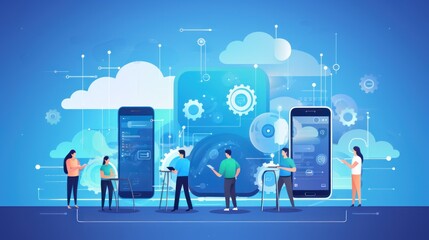 Scene depicting a team of developers working on mobile app development, coding for iOS or Android platforms