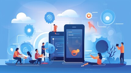 Scene depicting a team of developers working on mobile app development, coding for iOS or Android platforms