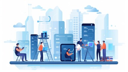 Scene depicting a team of developers working on mobile app development, coding for iOS or Android platforms