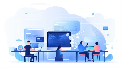 Scene depicting a team of developers working on mobile app development, coding for iOS or Android platforms