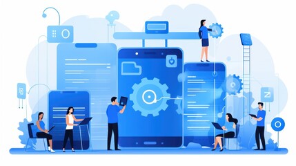 Wall Mural - scene depicting a team of developers working on mobile app development, coding for ios or android pl