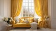 Goldenrod settee adjacent to a bay window and sheer drapes