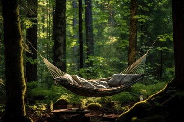 Sticker - a pillow-filled hammock amidst tall trees in a forest