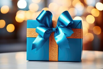 close-up of gift box with a bright blue bow