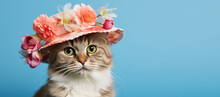 Portrait Cute Fluffy Cat In Hat With Fresh Spring Flowers Isolated On Flat Blue Background With Copy Space, Spring Sale Banner Template. 