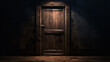 A lone door stands in a shadowy alcove, its rusting hinges and cracked wood barely visible beneath the darkness