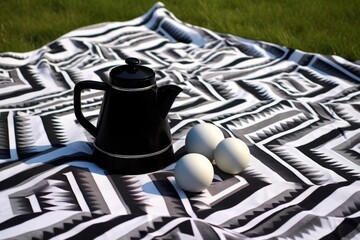 Sticker - modern minimalist teapot on monochrome picnic blanket, with geometric patterns