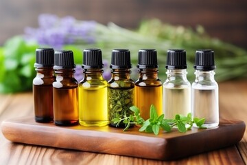 Wall Mural - close-up of essential oils in clear bottles on a wooden tray