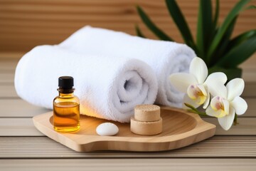 Wall Mural - fluffy towels, face cream, and a sleep mask on a wooden bathroom tray