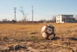 Fototapeta Sport - an abandoned soccer ball on a field, with goals in the distance