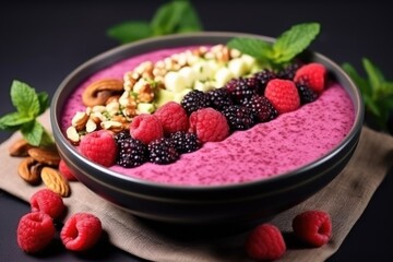 Wall Mural - fresh smoothie bowl garnished with berries and nuts