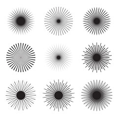 Collection of monochrome sunlight icon. Radial lines circle symbol