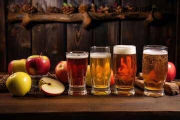 Poster - different types of cider lined up on a wooden table