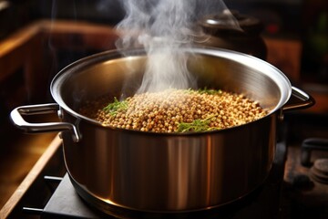 Sticker - cooking pot with steaming quinoa on a stove