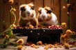 three guinea pigs eating together from a feeder