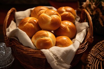 Poster - freshly baked dinner rolls in a woven basket