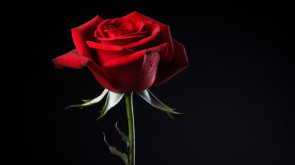 Wall Mural - red rose close up with green stem on black background