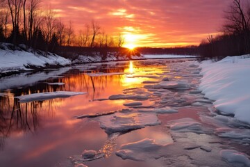 Sticker - winter solstice sunset reflecting on icy river